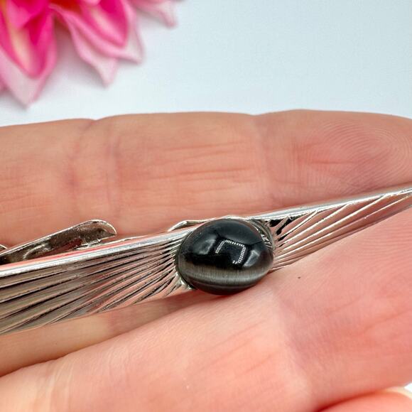 Vintage Swank Gray Tiger’s Eye Cufflink Tie Bar Set Silver Tone Dapper Formal - Picture 5 of 16